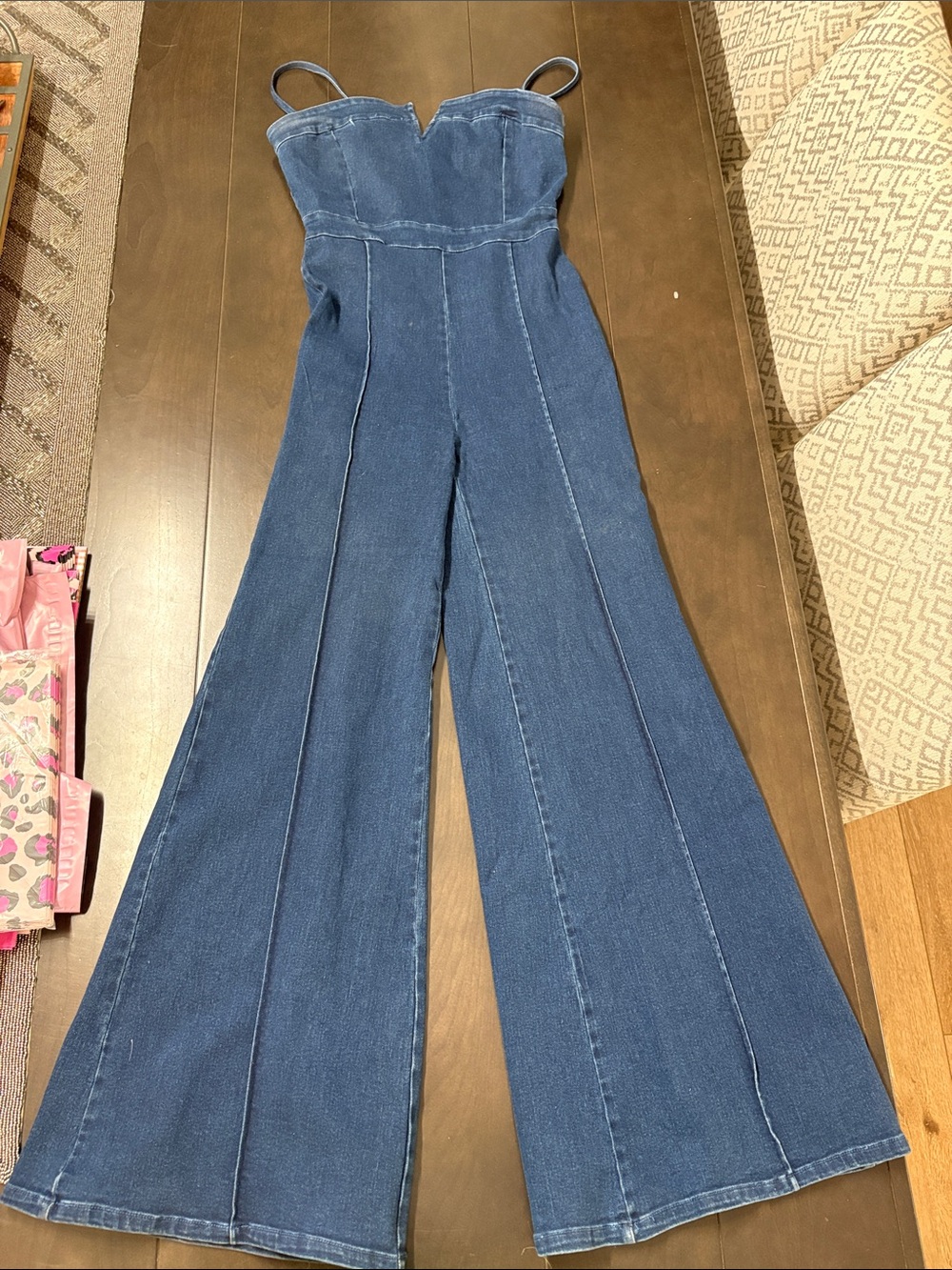 Vici Denim Blue Strapless Wide-Leg Jumpsuit